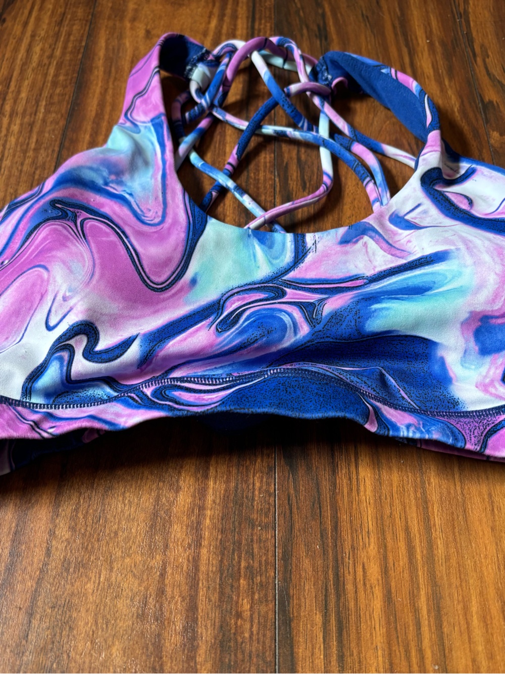 Constantly Varied Gear Marble Swirl Sports Bra in Pink, Purple & Blue